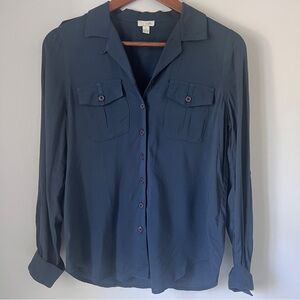 Odille Blue Long Sleeve Notched Collar Button Down